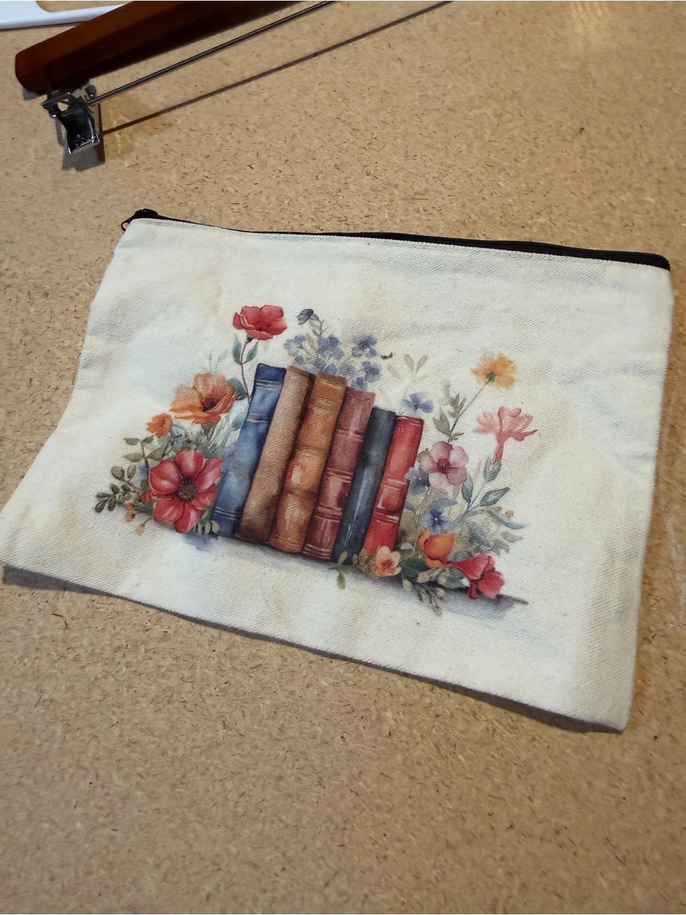 Book & Floral Canvas Zipper Pouch - Cream Background